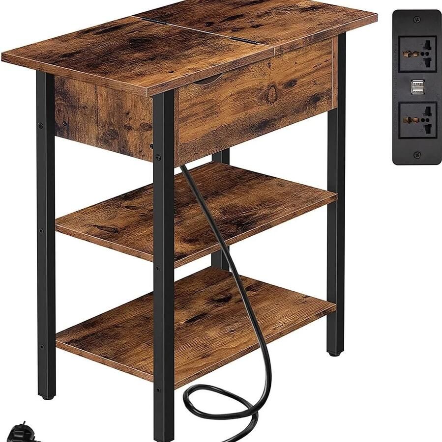 RM Store Nachtkastje Bijzettafel Zijtafel Met Laadstation Woonkamer Slaapkamer Hal Hout Metalen Frame 48 x 26 x 64 cm