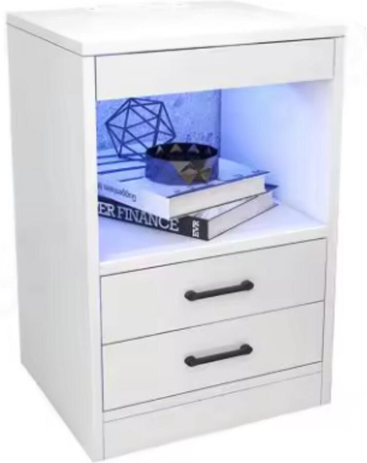 RM Store Nachtkastje Met LED Verlichting Bijzettafel Opbergruimte 3 Lagen 2 USB Poorten Slaapkamer Woonkamer Wit 40 x 35 x 60 cm - Foto 2
