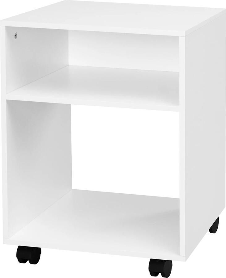 RM Store Nachtkastje Op Wielen Zijtafel Bijzettafel Salontafel Slaapkamer Woonkamer 2 Open Compartimenten 360 Graden Wit 40 x 35 x 55 cm