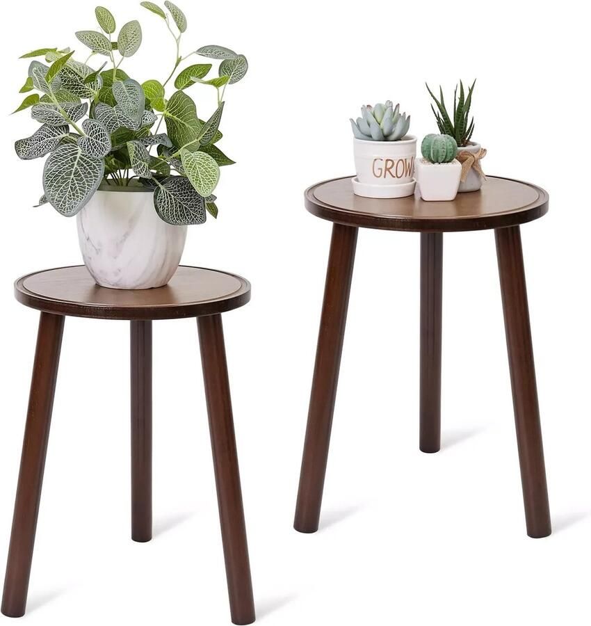 RM Store Set Van 2 Bijzettafels Houten Bijzettafels Salontafels Bloempottenhouders Planten Standaard Bloemen Tafel 3 Poten 30.5x30.5x42 cm - Foto 2