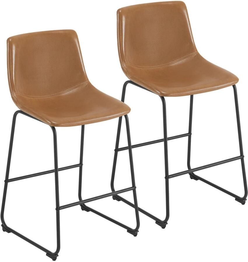 RM Store Set Van 2 Leren Barkrukken Barstoel Hoge Kruk Voetsteun Metalen Poten Bruin 49.5 x 47.5 x 93 cm