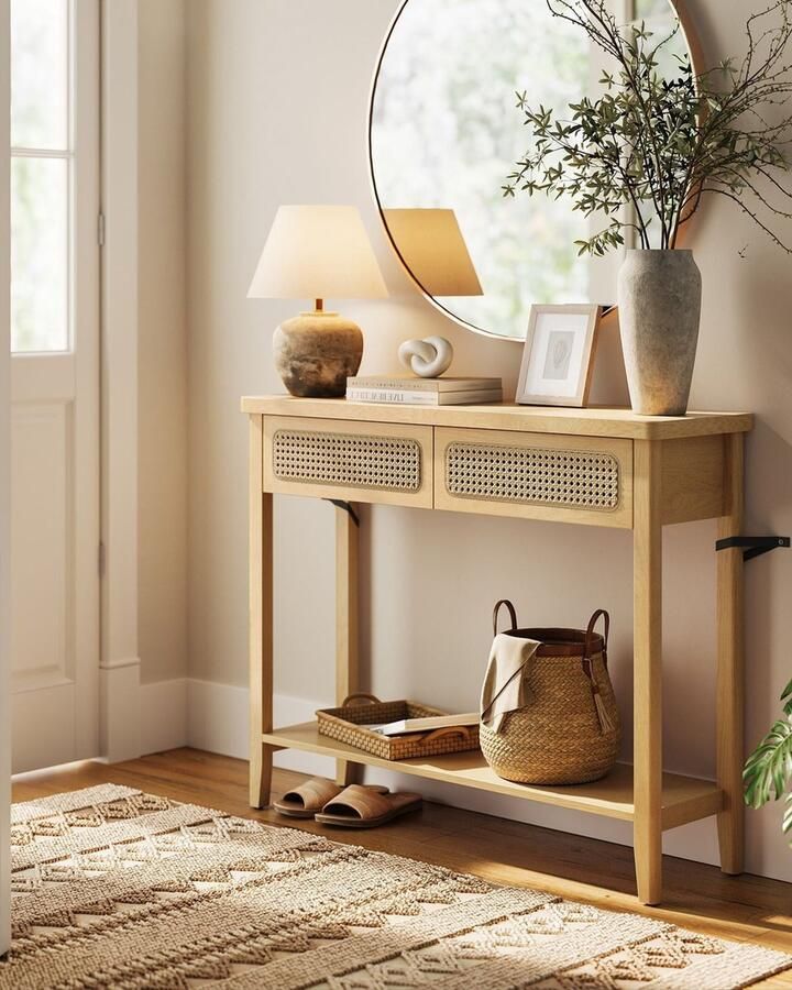 RM Store Smalle Bijzettafel Consoletafel Gangtafel Gangmeubilair Woonkamer Beige Eiken 100 x 30 x 80 cm