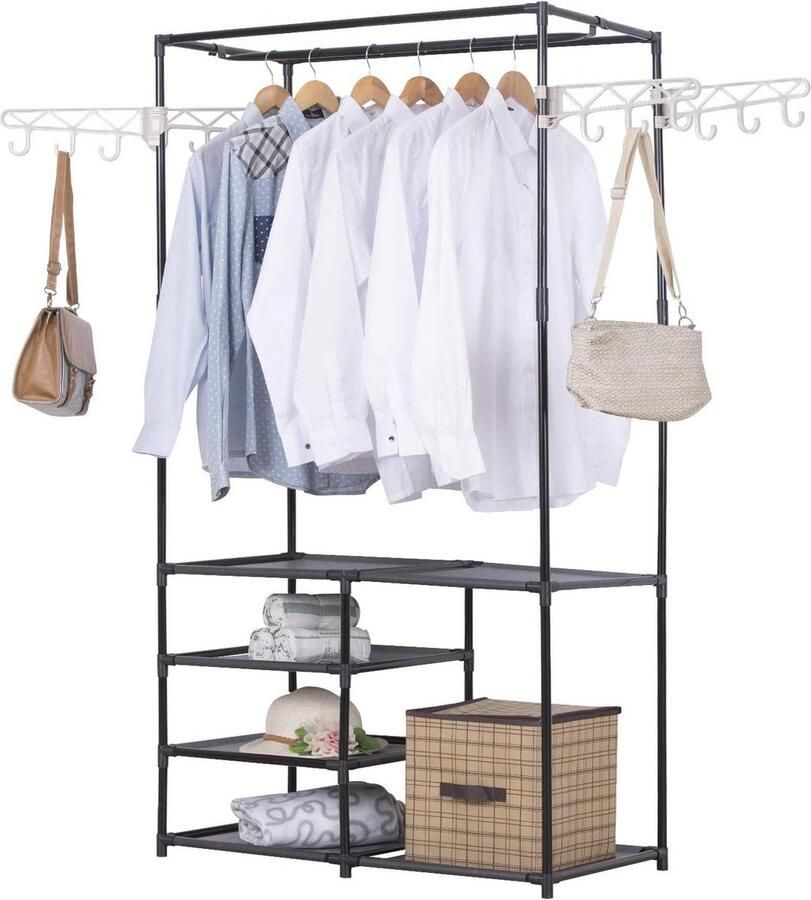 Robuust kledingrek met kapstokstandaard opslag garderobe 6 lagen schoenenrek 4 haken ophangsysteem kledingrek
