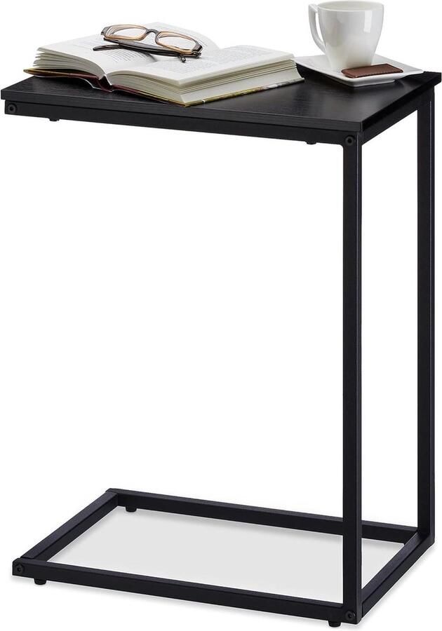 Robuuste bijzettafel U-vorm 60 cm hoog metalen onderstel zwart houten tafelblad
