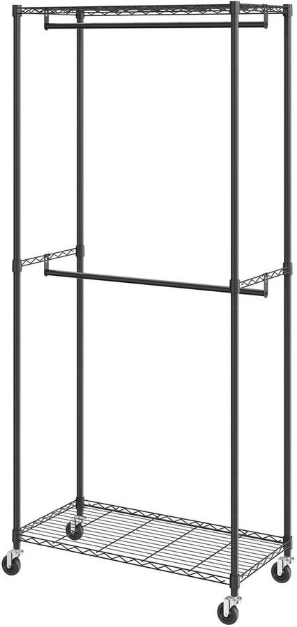 Robuuste kledingrek van Dubbele kledingstangen Dikke stalen buis met een diameter van 2 5 cm Draagvermogen tot 136 kg Kledingrek met onder- en bovenplank Rolrek voor het ophangen van kleding