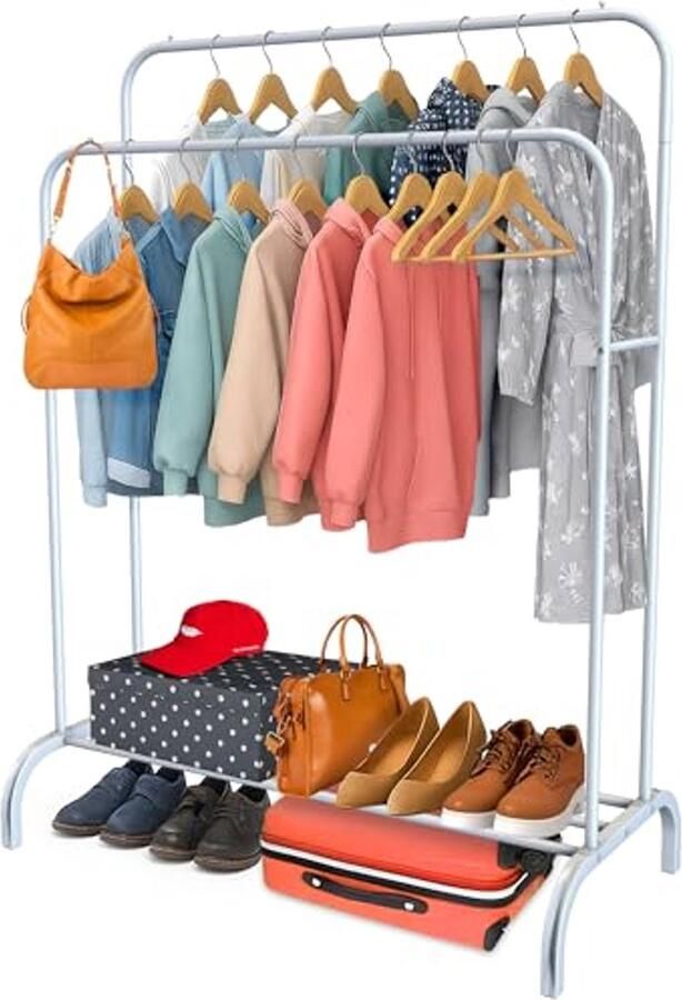 Robuuste Kledingstandaard van Staal met Dubbele Stang en Schoenenrek Organiser Tot 35 kg Antislipvoeten en Snelle Montage