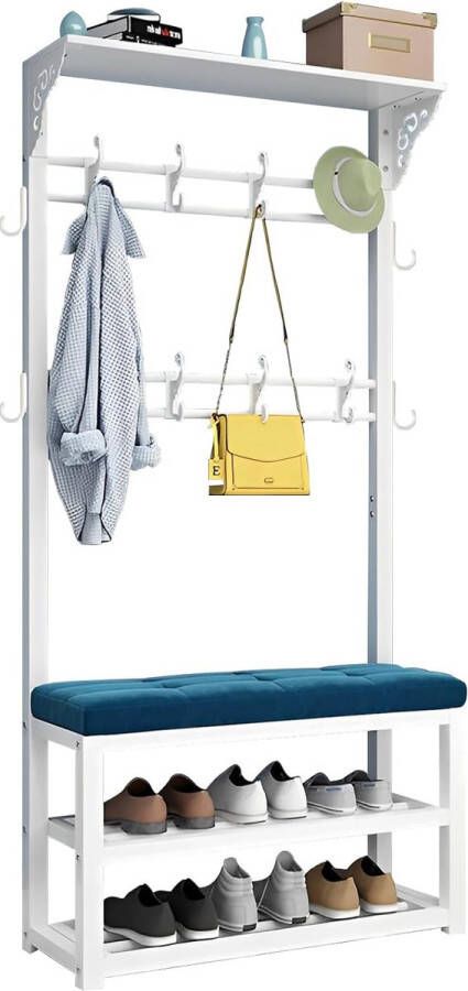 Robuuste metalen halgarderobe kapstok met zitbank kapstok met haken kledingrek met 8 haken voor hal woonkamer kleedkamer 80 100 x 33 x 172 cm (80 cm blauw)
