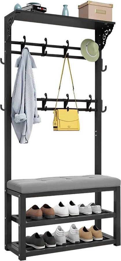 Robuuste metalen halgarderobe kapstok met zitbank kapstok met haken kledingrek met 8 haken voor hal woonkamer kleedkamer 80 100 x 33 x 172 cm (80 cm grijs)