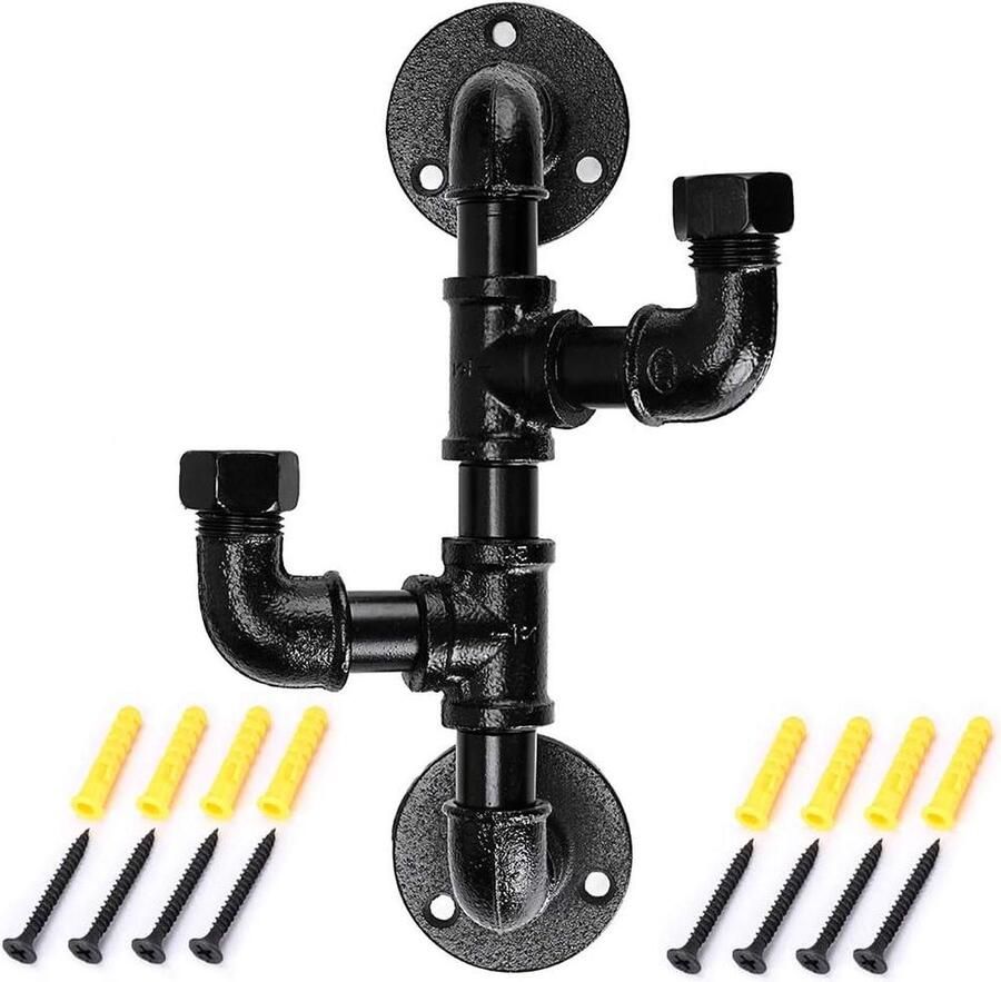 Robuuste metalen kapstok vintage en industriële stijl wandbevestiging zwart 2 haken kapstok hangend met plank