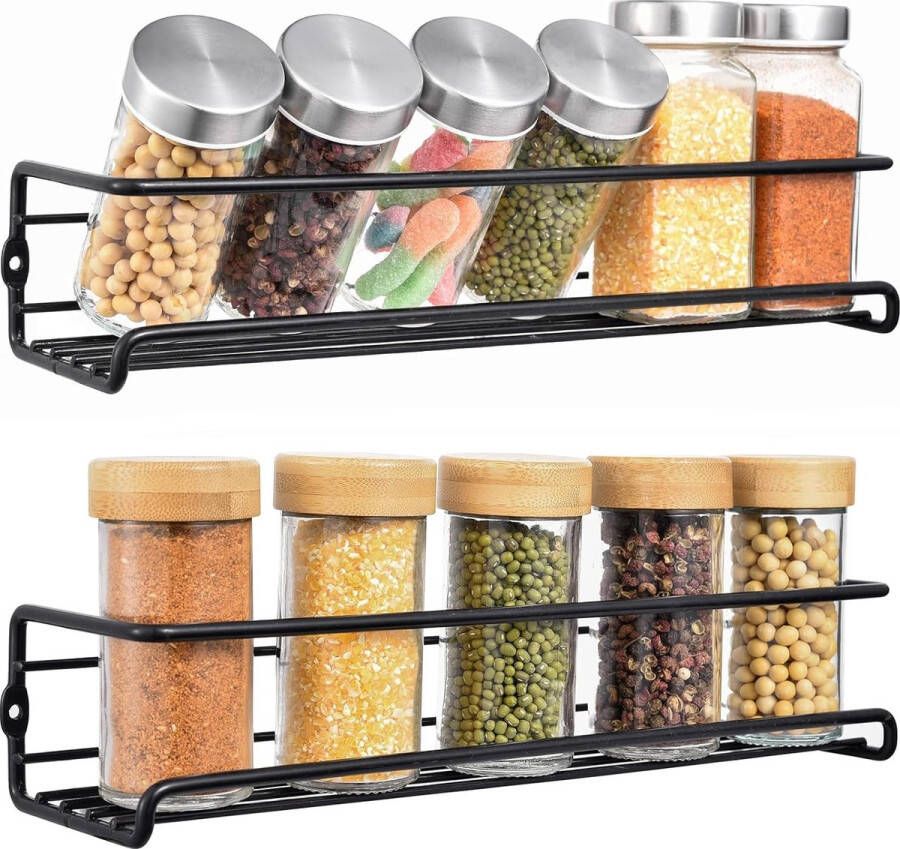 Rocneuna 2-delige set kruidenrek voor aan de muur zonder boren 29 x 8 x 6 cm zwart kruidenrek om op te hangen zonder boren kruidenrek voor aan de kastdeur metalen kruidenrekken als keukenkastorganizer keukenplank aan de muur