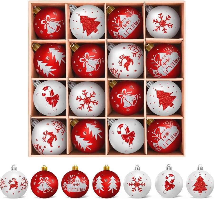 Rode en Witte Kerstballen Set 16 Stuks Kunststof Kerstboomversiering