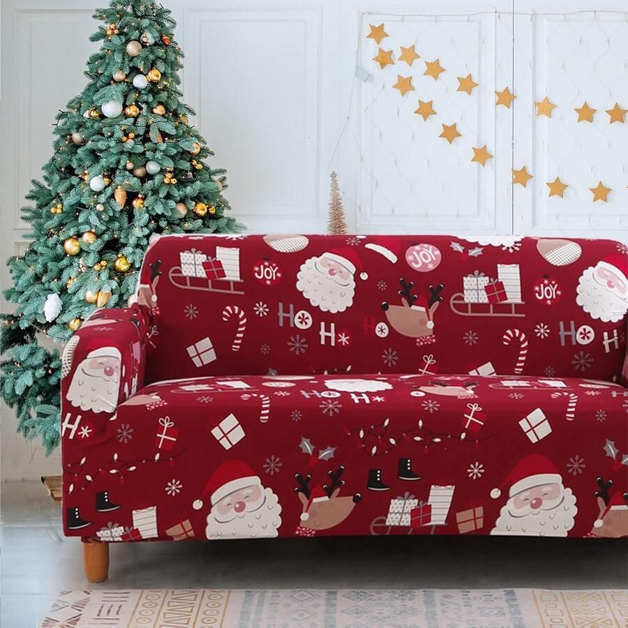 Rode kerstbankhoes voor 3 personen 190-230 cm Opvouwbaar Bankhoes met Kerstmanprint Wasbare meubelbeschermer Elastische onderkant Perfect voor kerst- en feestdagendecoratie