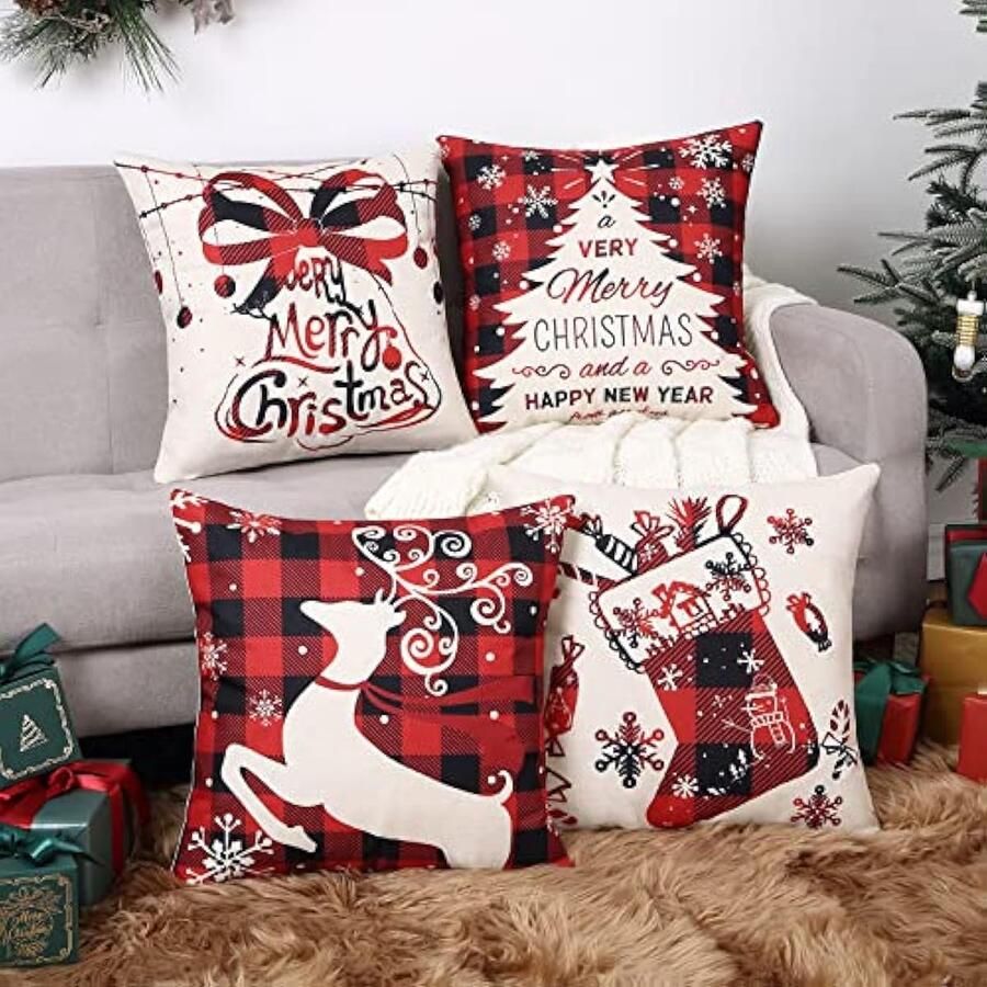 Rode kerstkussenslopen 18 x 18 cm set van 4 boerderij kerstversiering vrolijke boom vreugde laat het sneeuw winter vakantie decoratie kussensloop voor thuis bank 45 x 45 cm