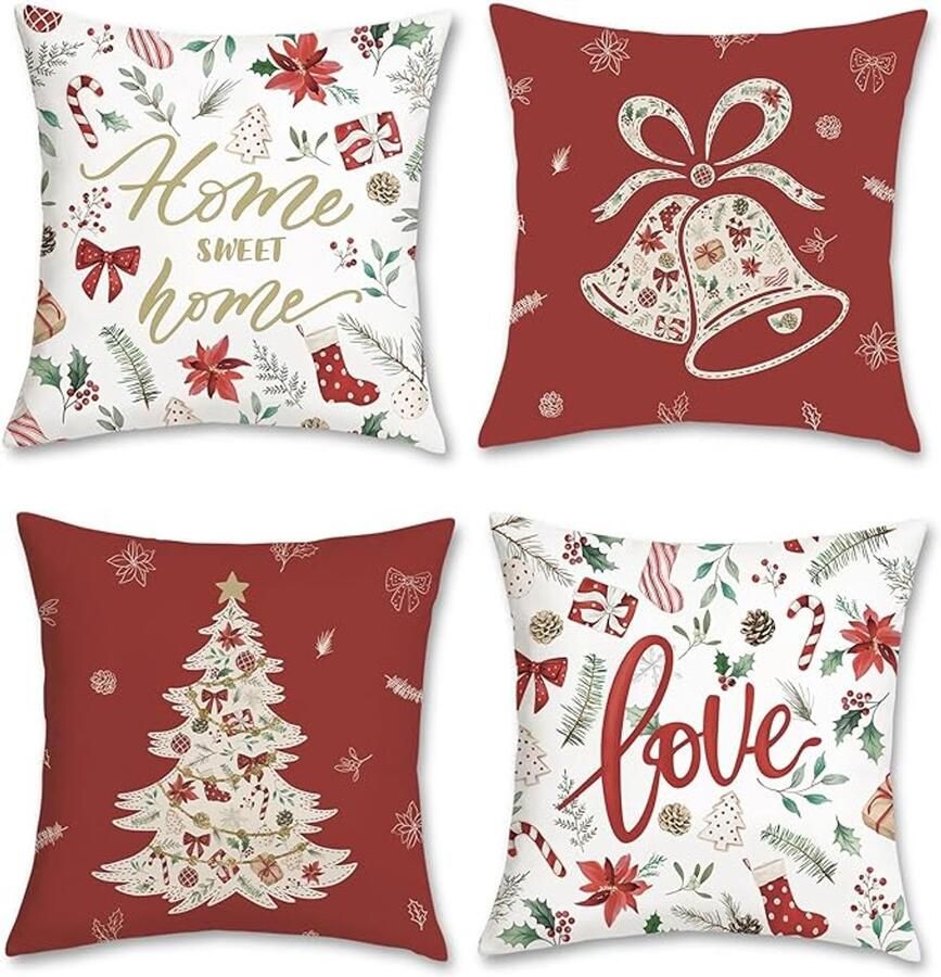 Rode kerstkussenslopen 45 x 45 cm kerstboom klokblad bloemen decoratieve kussenhoezen voor bank bed thuis winter vakantie decoratie set van 4