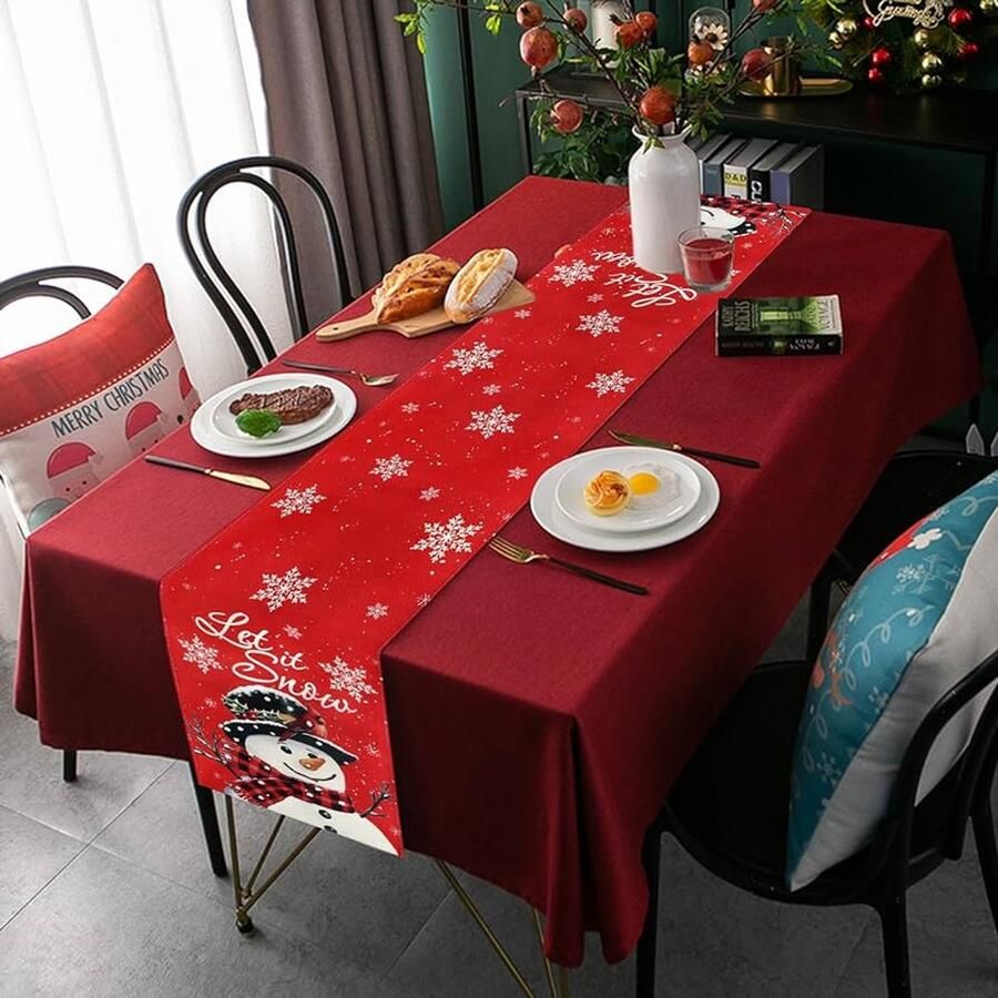 Rode kersttafelloper met sneeuwpop en sneeuwvlokken 180 x 33 cm linnen