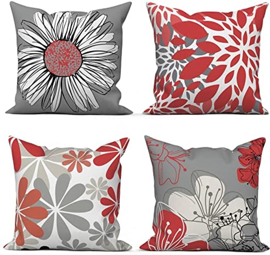 Rode kussensloop set van 4 45 x 45 cm moderne bloemenprint in rood en grijs wasbare polyester en linnen perfect voor banken en sierkussens