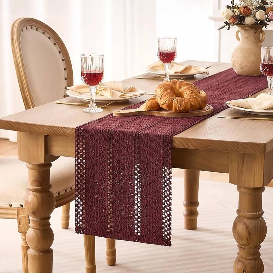 Rode Tafelloper Boho Decoratie 30 x 140 cm Katoen en Linnen