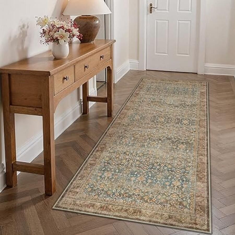 Rode vintage tapijtloper 60 x 180 cm voor hal en keuken – wasbaar antislip laagpolig tapijt voor woonkamer en kantoor decoratie