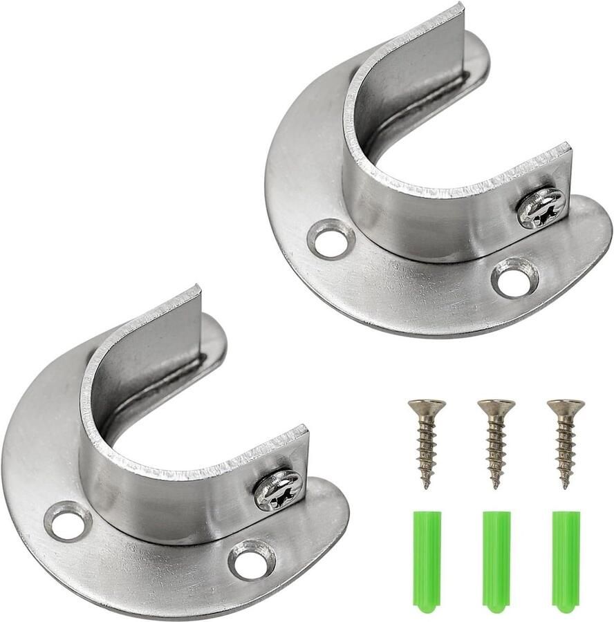 Roede Houder Beugel voor Kledingstang Set van 2 Stuks Roestvrijstalen Eindsteunen voor Garderobe en Douchegordijn Kast Stang Beugels met Flensontwerp (25mm)