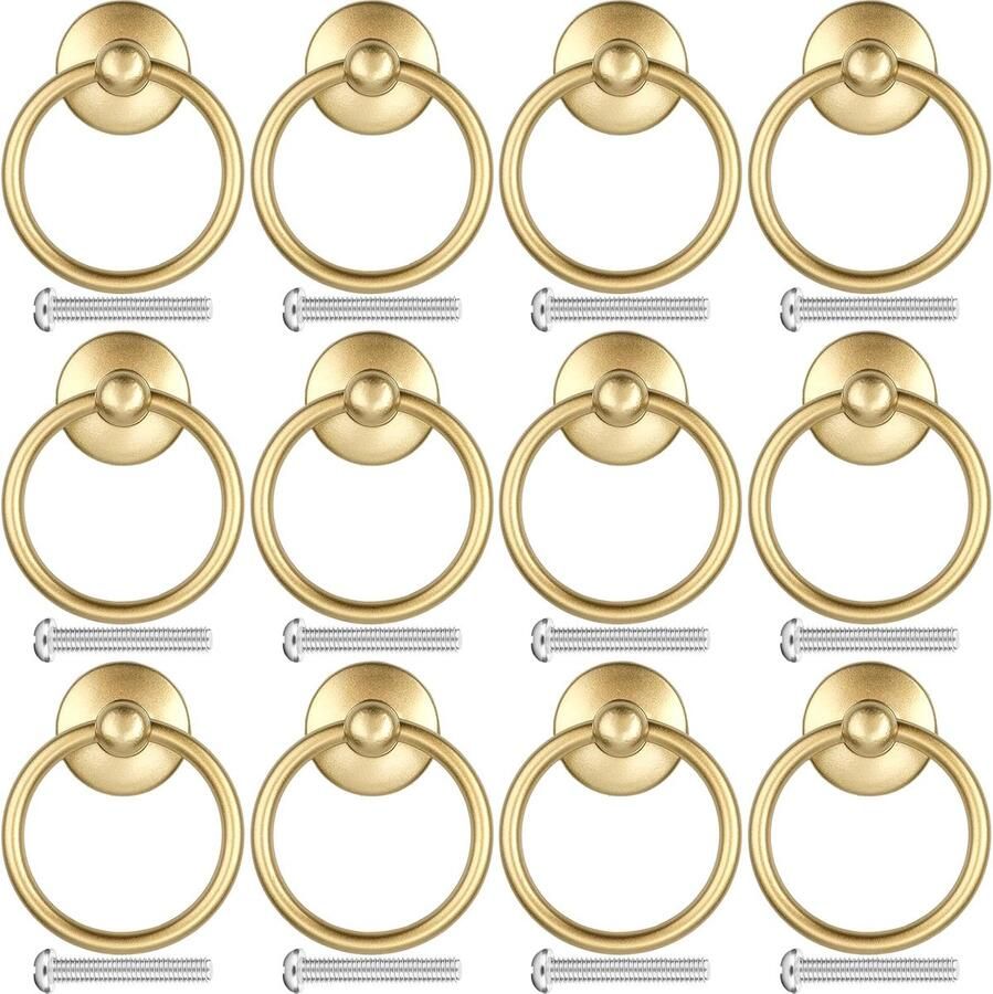 Roellgs 12 Pcs Vintage Drawer Handles Retro Ring Drawer Knobs Kitchen Cabinet Door Ring Pull Handles Antique Style Furniture Pull Handles (Gold)