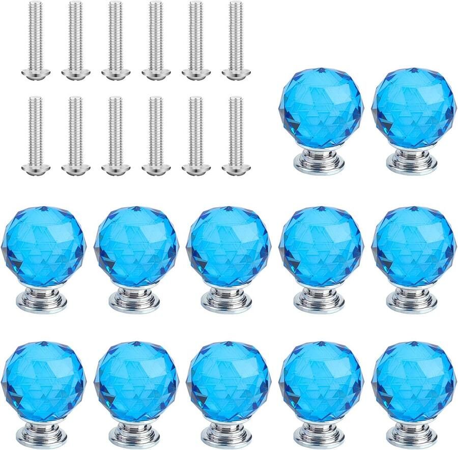 Roellgs 12Pcs 30mm Round Clear Crystal Glass Cabinet Knobs Cabinet Door Drawer Pull Handle with Screws for Home Kitchen Office Cabinet Drawer Decoration (Blue)