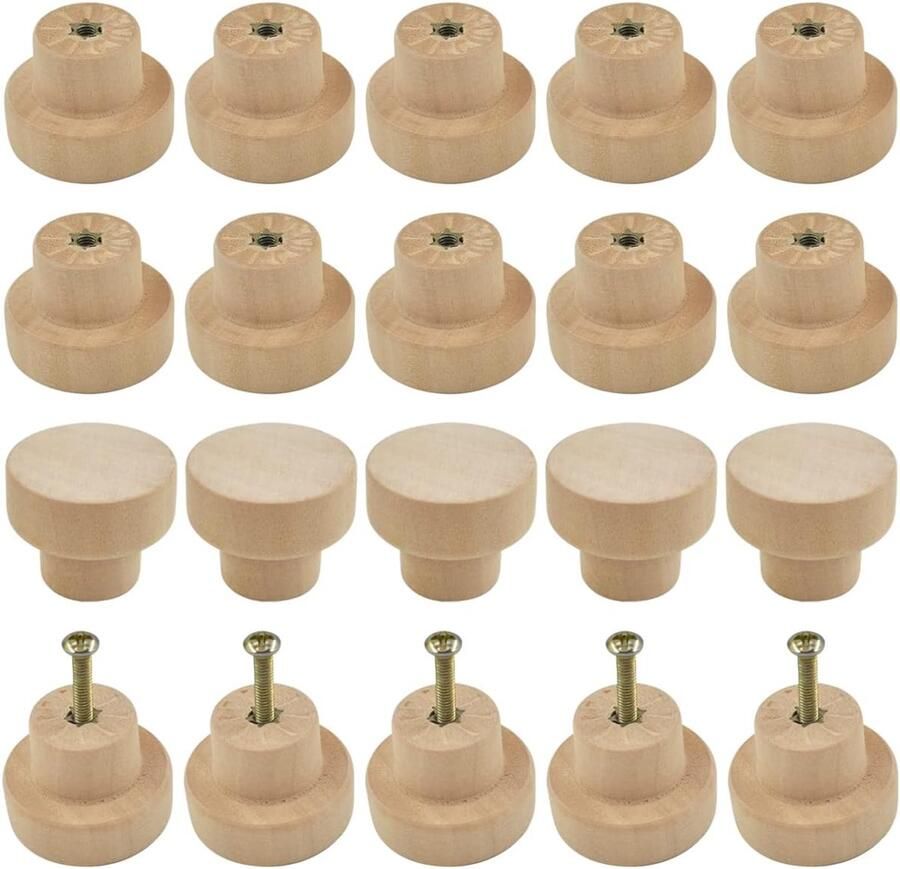 Roellgs 20PCS Wooden Knob 28MM Round Vintage Drawer Knob Wooden Handle Kitchen Cabinet Door Drawer Handle Wardrobe Furniture Screw Door Handle