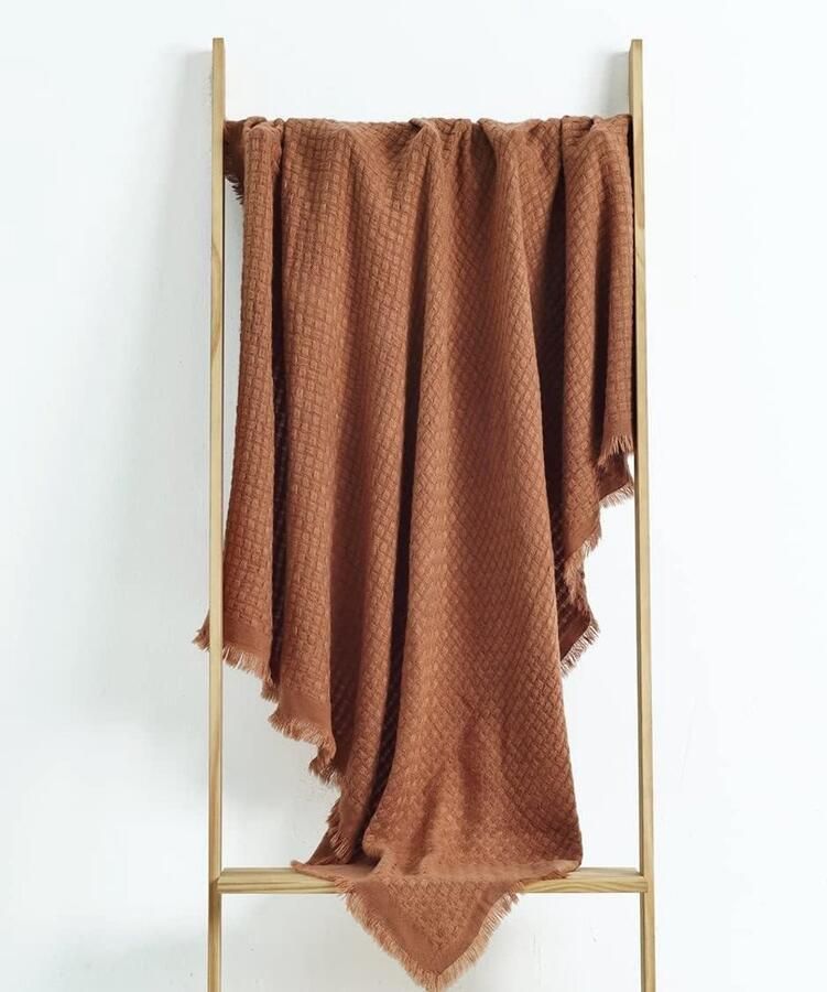 Roest gebreide deken voor bank stoel bed zacht warm gezellig lichtgewicht voor lente zomer herfst (127 cm x 152 cm karamel bruin verbrand oranje)