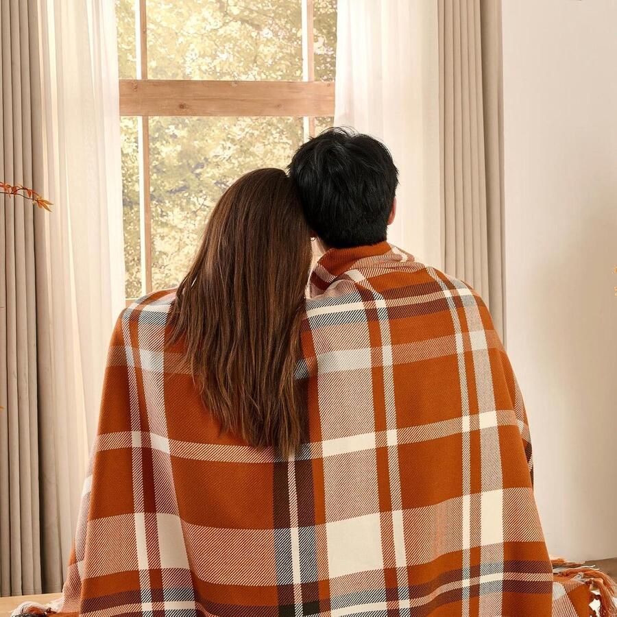 Roest geruite deken voor bank en slaapbank gezellig en zacht herfstdeken met franje lichtgewicht oranje geruite gooit acryl kasjmier-look herfstboerderijdecoratie Thanksgiving cadeau Allecto plus