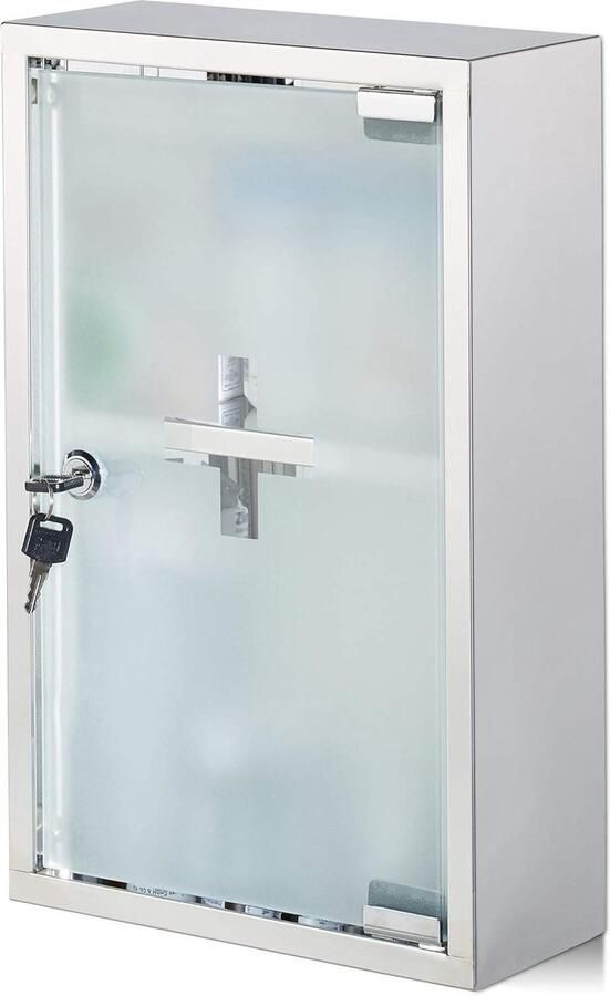 Roestvrij staal glazen deur medicijnkastje 2 vakken afsluitbaar EHBO-kast HBD 40x25x11cm zilverkleurig