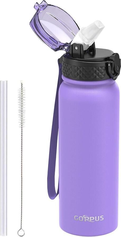 Roestvrijstalen geïsoleerde waterfles 600ml met rietje Lekvrije sportfles voor gym en outdoor