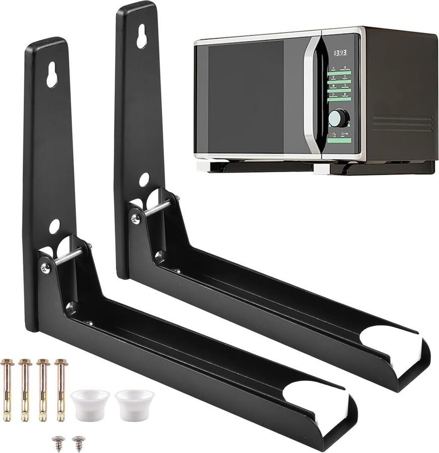 Roestvrijstalen magnetronhouder wandhouder met haken en telescopische armen van de houder 20-40 cm voor magnetron keukenrek oven zwart aansluitset