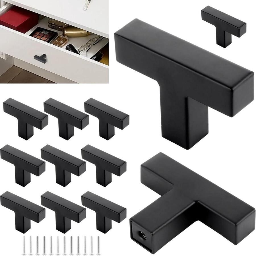 Allecto Plus Meubelknoppen van roestvrij staal 12 stuks Kastgrepen Ladeknoppen Kastknoppen zwart Vierkante greep T-kastgrepen Hoge kwaliteit Duurzaam Stijlvol design