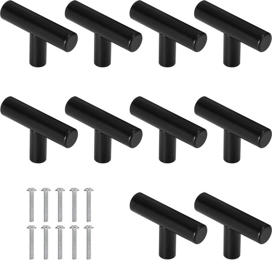 Roestvrijstalen meubelknoppen T-ladeknoppen Enkel gat kastgreep Met schroeven Voor deuren kasten lades garderobe 10 stuks Zwart