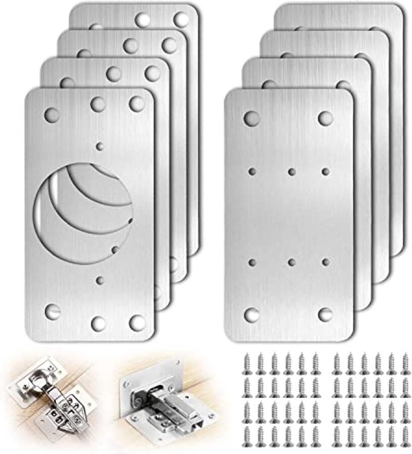 Roestvrijstalen Scharnier Reparatieset voor Kasten Inclusief 8 Scharnier Reparatieplaten en Schroeven voor Houten Meubels