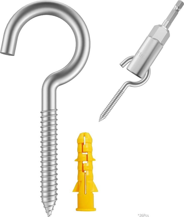 Roestvrijstalen Schroefhaken Metalen Haken Zware Schroefooghaken Houten Klemringooghaken Hangmat Houders Oogbouten (26 Stuks + 1 x 1 4 Inch Zeskant Vleugelmoer Driver)