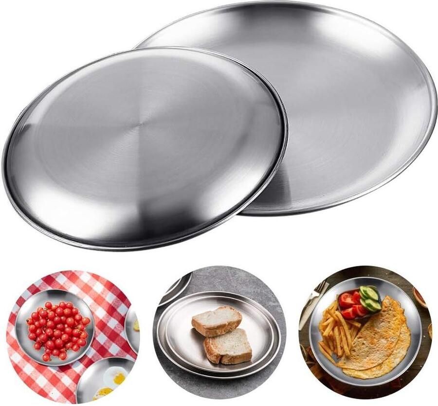 Roestvrijstalen serveerborden set 2 stuks zilveren schotels voor camping en keuken Diameter 20 cm en 23 cm