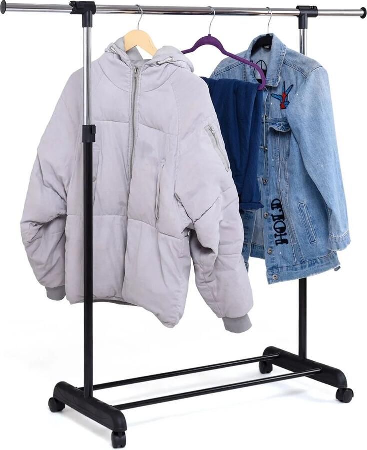 Roestvrijstalen telescopisch mobiel kledingrek in hoogte en breedte verstelbaar capaciteit 90 kg zwenkwielen