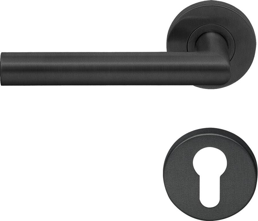 Roestvrijstalen zwarte deurklink paar met PZ rozetten rond mat voor binnendeuren T-model EN1906 klasse 3-49.203.01