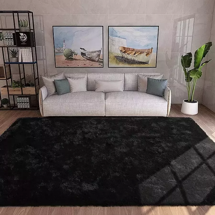 ROHATIM Hoogpolig tapijt woonkamer super zacht shaggy tapijt pluizig Soft Area tapijt slaapkamer tapijten super zacht pluizig kindermat (zwart 80 x 150 cm)