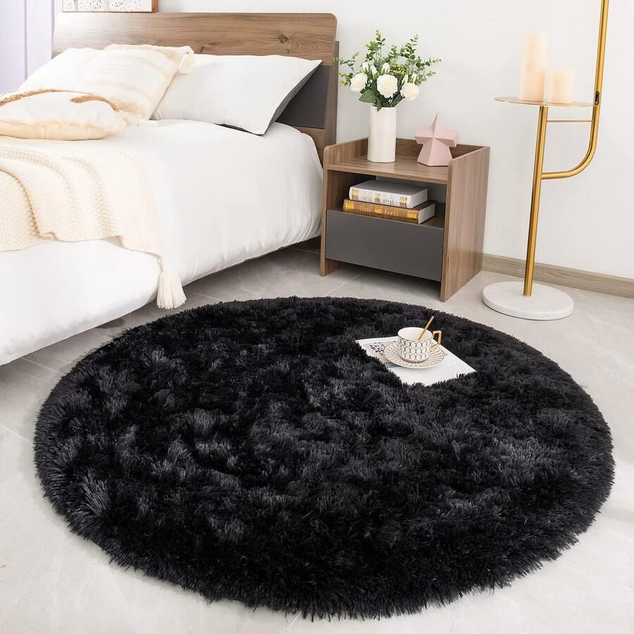 ROHATIM Rond Fluffy Vloerkleed Pluche Vloerkleed voor Slaapkamer & Woonkamer Zacht Kindervloerkleed voor Meisjes Modern Knuffelbaar Vloerkleed Zwart 200 x 200 cm