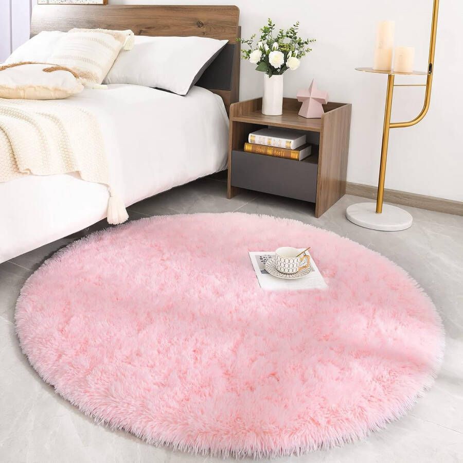 ROHATIM Rond vloerkleed voor woonkamer shaggy slaapkamer groot formaat pluizig tapijt voor slaapkamer decoratief tapijt moderne stijl voor woonkamer slaapkamer bank mat (roze Ø 100