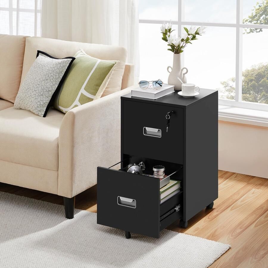 Rolcontainer archiefkast afsluitbare kantoorkast met hangmappen en 2 laden voor werkkamer kantoor woonkamer zwart