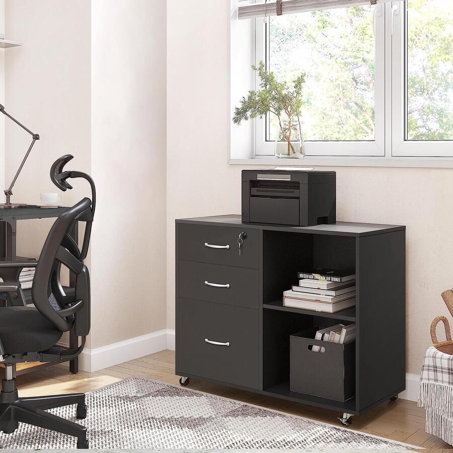 Rolcontainer archiefkast kantoorkast met 5 wielen 3 laden en 2 open vakken industrieel design voor documenten zwart