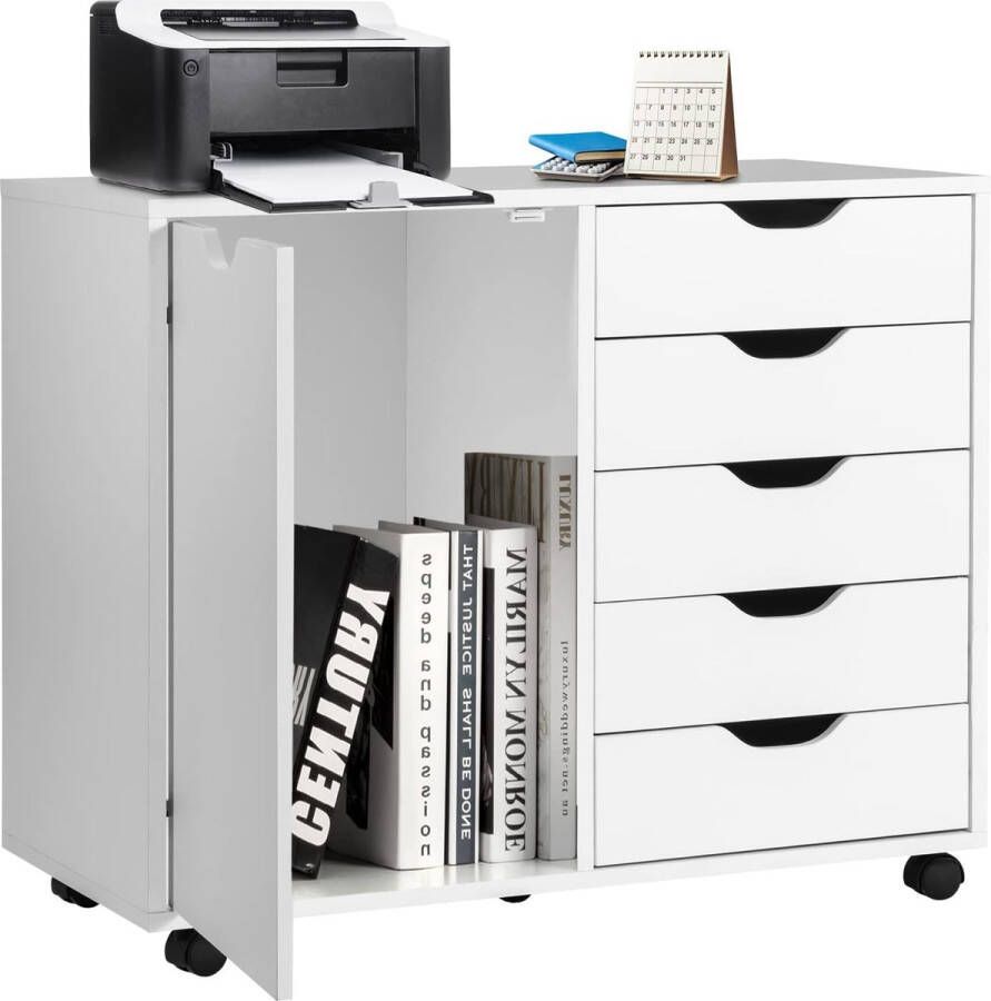 Rolcontainer met 5 laden mobiele archiefkast met deur werkblad en wielen rolwagen ladekast modern voor kantoor en woonkamer 79 x 39 x 65 cm