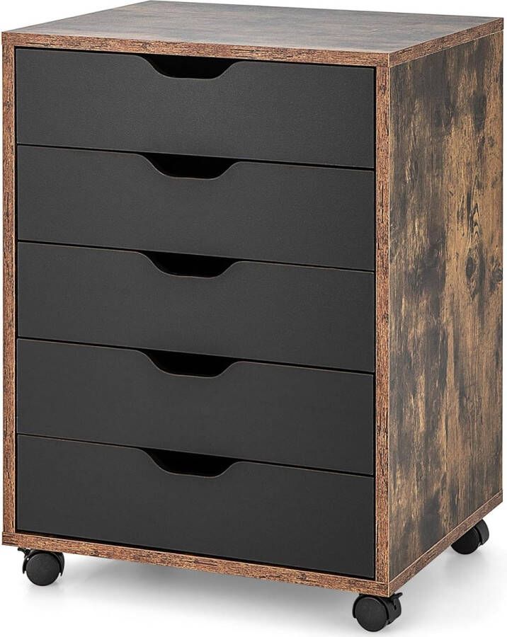 Rolcontainer met 5 laden mobiele archiefkast met wielen bureaucontainer ladekast rolkast ladecommode voor thuis en op kantoor (bruin)