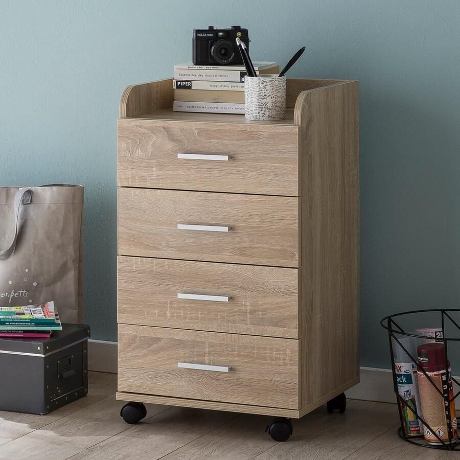 Rootz Living Rootz rolcontainer 40x70-5x33cm Sonoma Bureaucontainer Rolkast 4 lades Moderne ladekast met wielen Standcontainer Kantoorcontainer Zijcontainer
