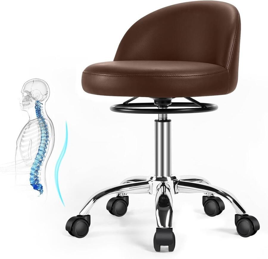 Rolkruk draaikruk met wieltjes werkkruk met rugleuning bureaukruk in hoogte verstelbaar voor massage kantoor thuis salon stoel barkruk keukenkruk kruk in hoogte verstelbaar (bruin)