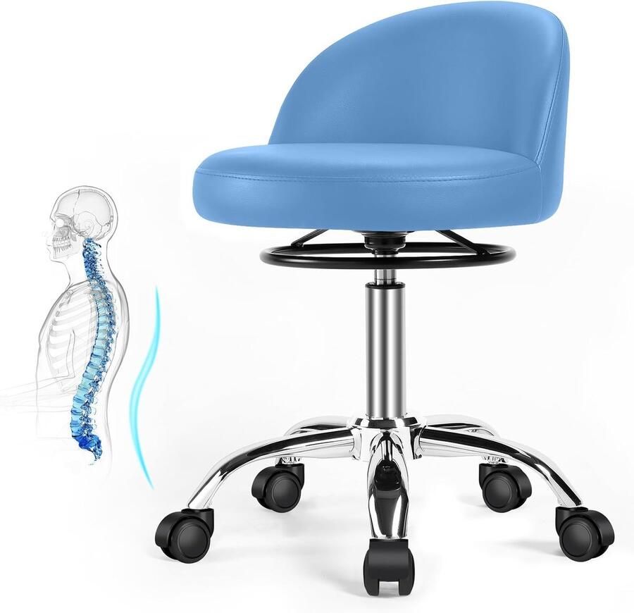 Rolkruk draaikruk met wieltjes werkkruk met rugleuning bureaukruk in hoogte verstelbaar voor massage kantoor thuis salon stoel barkruk keukenkruk kruk in hoogte verstelbaar blauw