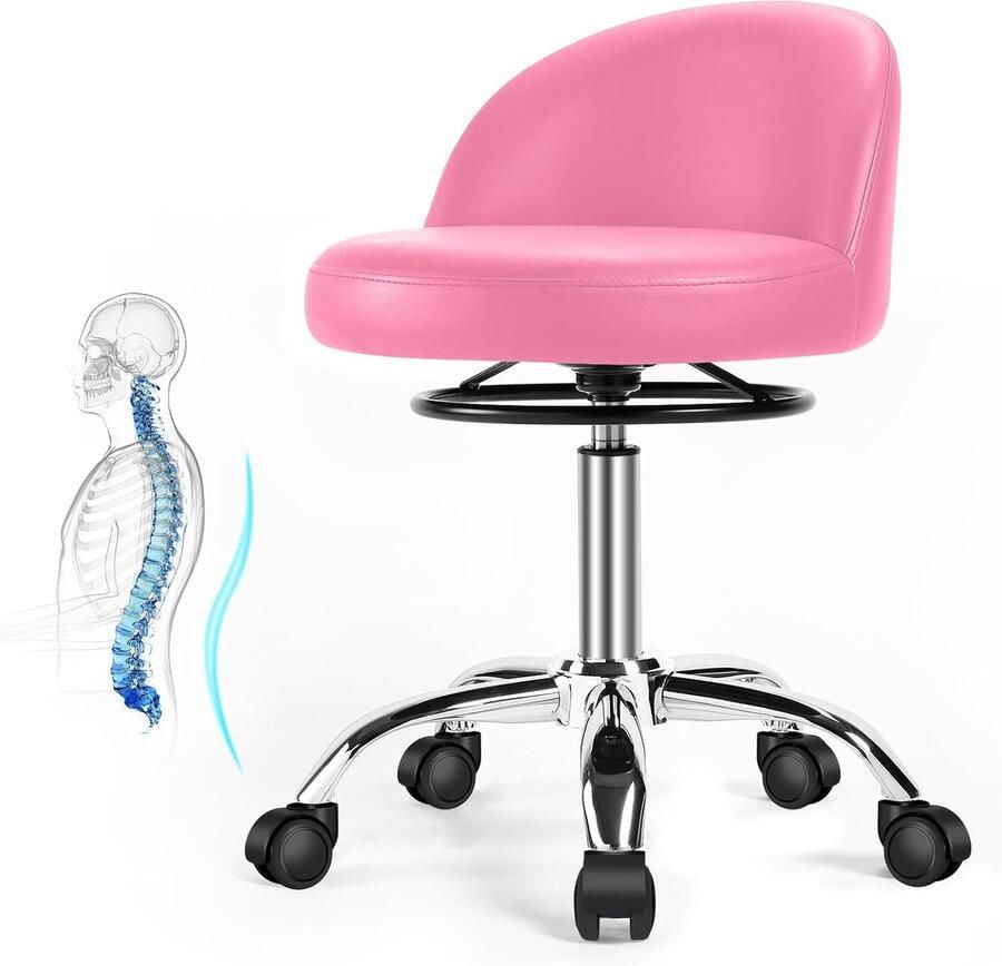 Rolkruk draaikruk met wieltjes werkkruk met rugleuning bureaukruk in hoogte verstelbaar voor massage kantoor thuis salon stoel barkruk keukenkruk kruk in hoogte verstelbaar (roze)