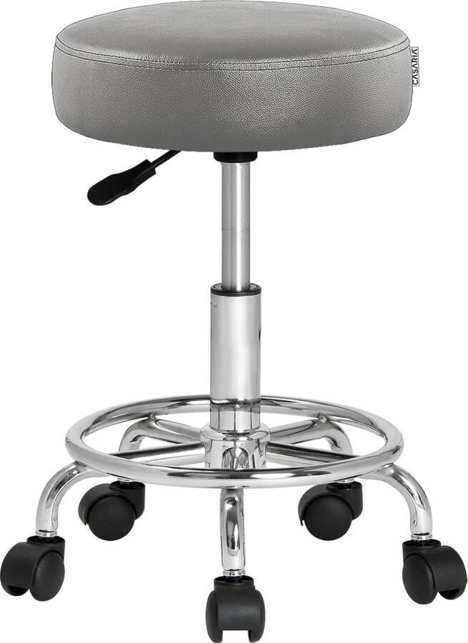 Rolkruk in hoogte verstelbaar 10 cm bekleding 360 °C draaibaar 51-65 cm zithoogte voetensteun keuken kantoor werkkruk bureaukruk draaikruk kruk grijs